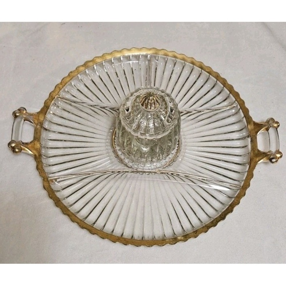 Jeannette Glass Co National Clear Gold Trim Relish Platter 3 Piece MCM